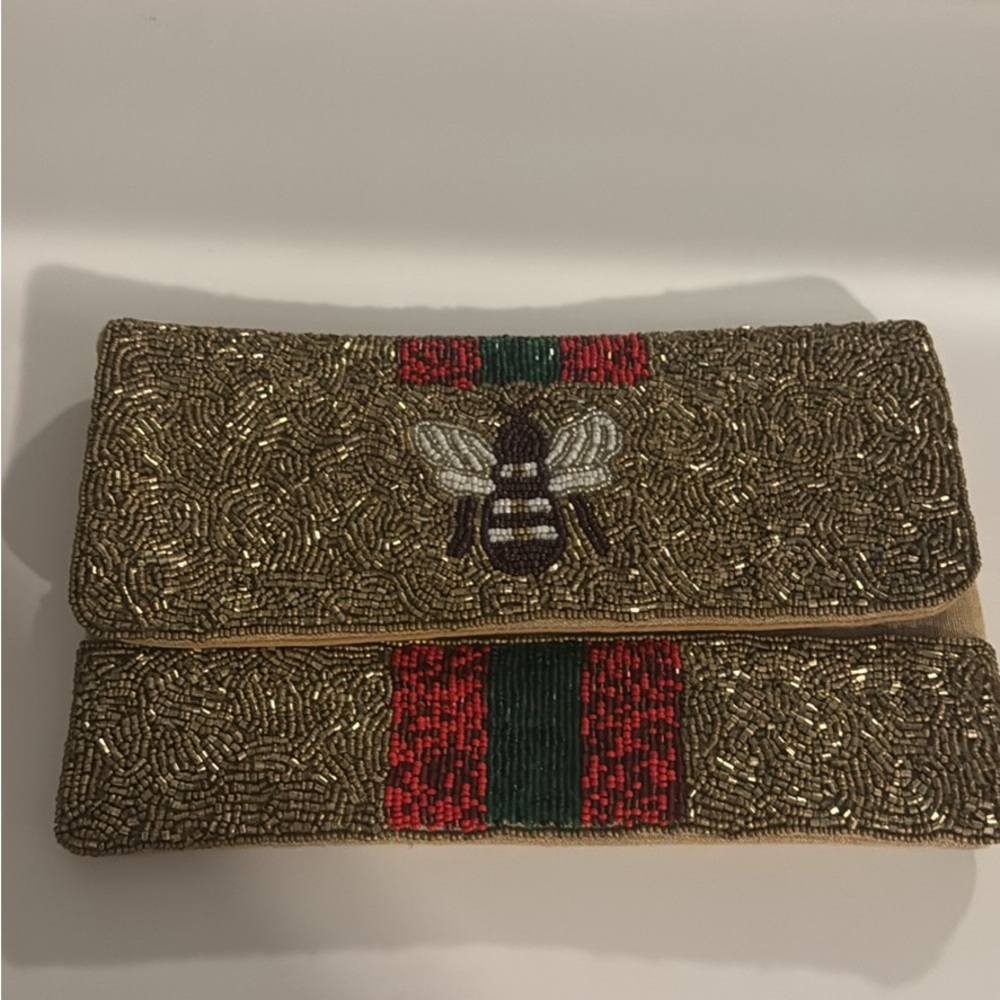Elegant Gold Beaded Clutch with Bee Design